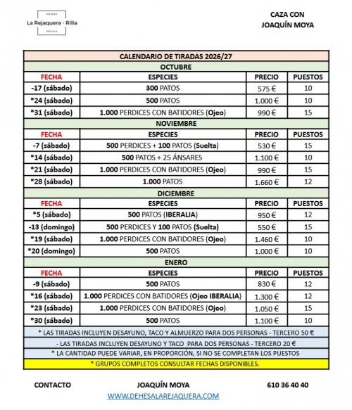 imagen de Calendario de tiradas de Perdiz y Patos